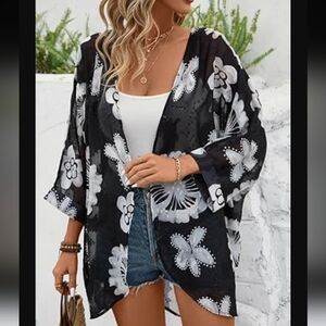 olrain Women Floral Print Sheer Chiffon 3/4 Bat Sleeve Casual Loose Kimono L/XL